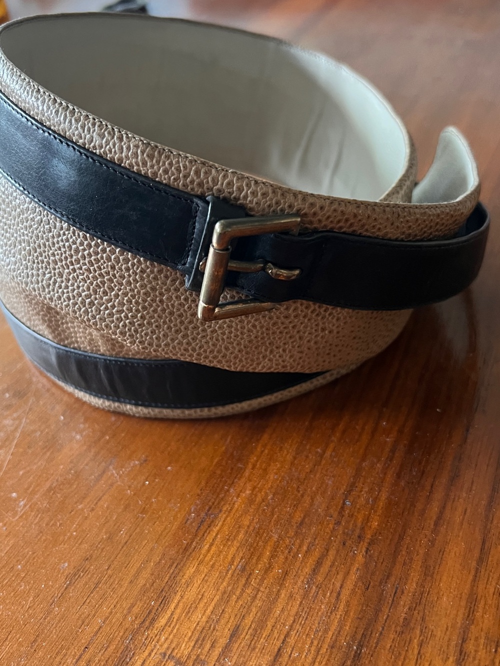 Charles Jourdan Vintage Two-Tone Brown and Black Leather Belt with Brass Buckle